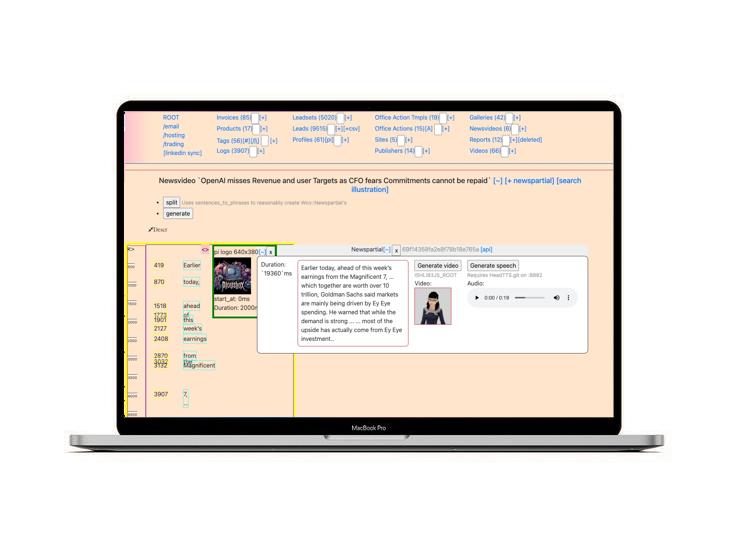 News Production Studio is live. The functionality is sufficient for generating well-illustrated one-minute news summaries. The length of videos isn't actually limited. Video illustrations are procured or generated before-hand, paying attention to the aspect ratio. Obviously I didn't want to implement a full vide-editing suite in the browser...  This tool actually uses very little AI. With that being said, it is well-positioned to be plugged into agentic workflows, since every step is either already automated or is positioned to be driven agentically.  It is unfortunately a little complicated since I need several pieces to be wired together in a non-trivial manner. With that said - I'm happy where it stands already, and I'll be making incremental improvements to it, going forward.  I may actually prefer this tool to read news to me, rather than read them myself.